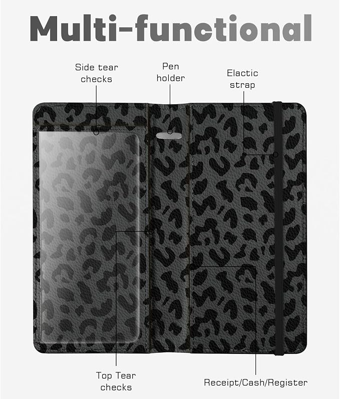 Checkbook Cover for Men Women, Premium Leather Checkbook Holder with RFID Blocking and Built in Clear Plastic Divider for Personal and Business Checks (Leopard-Black)