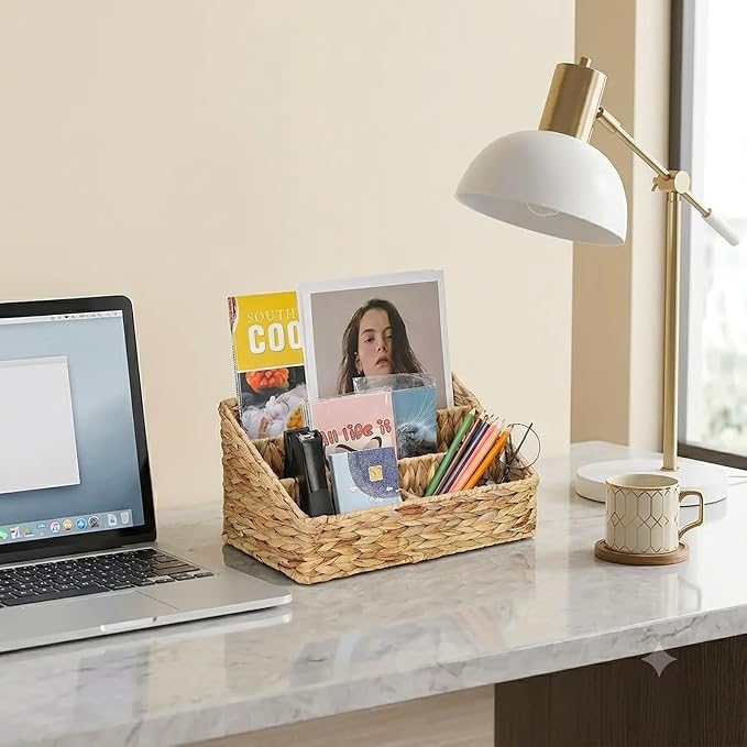 Desk Organizer – Countertop Mail Organizer, Magazine Holder, Boho Decor Water Hyacinth Desk Mail Holder for Home Office, Farmhouse, 12.6" L x 6.7" W x 6.3" H