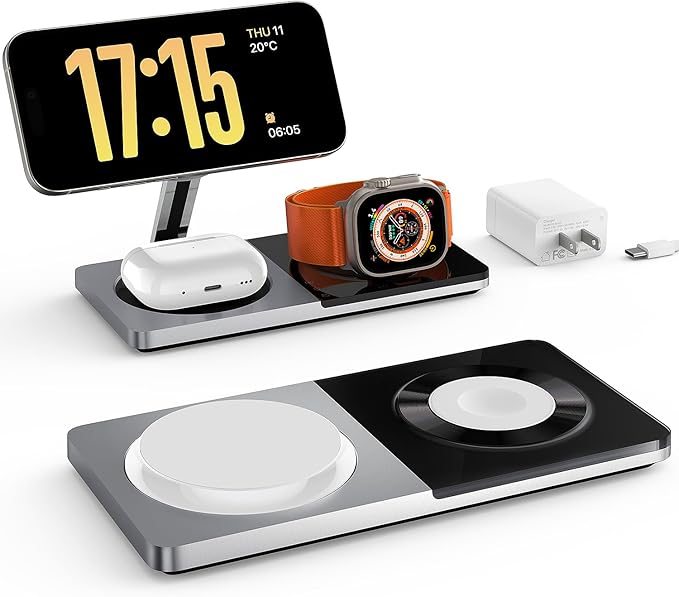 3 in 1 Charging Station for Apple Devices: Mag-Safe Charger Stand Fast Charging, Wireless Charger for iPhone 17 Air 16 15 14 13 12 Series, Apple Watch Series 1-9/Ultra, AirPods Pro (Silver)