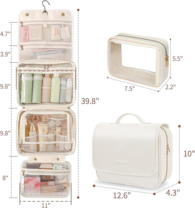 PACKISM Hanging Travel Toiletry Bag - with Clear Makeup Bag, Large Beige | Wide Open Access, Hanging Hook, Detachable Pouch, Large Compartments, Waterproof Surface, Cruise Bathroom Travel Storage