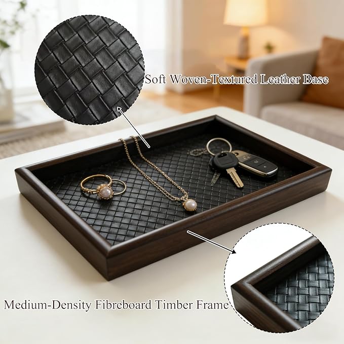Tinsow Wooden Desk Organizer Tray with PU Leather Base, 11.8x7.9 Catch All Valet Tray Key Tray for Nightstand Bedroom Dresser Office Desktop Storage, Black