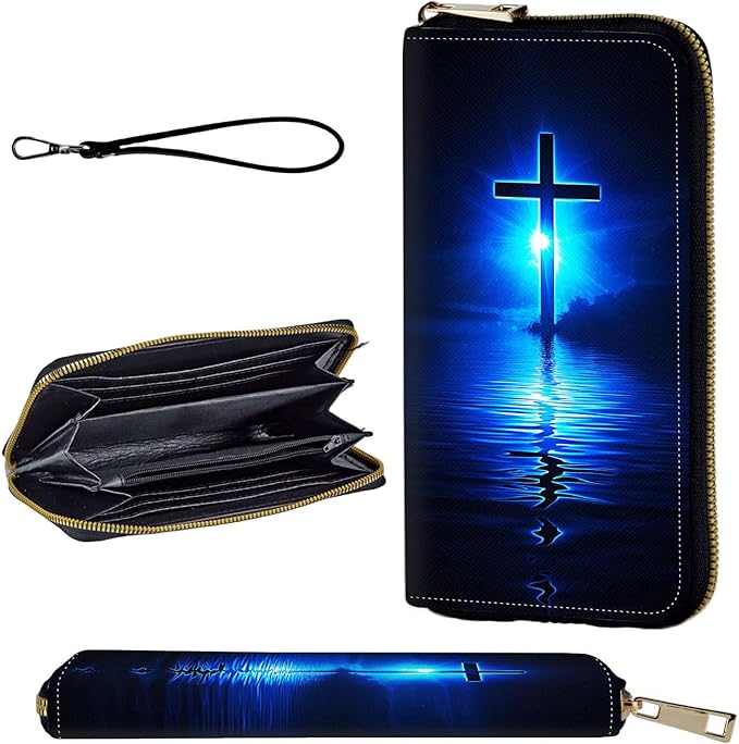 Wallet,Leather Long Wallet Suitable For Ladies And Teenagers - Detachable Wristband + RFID Travel Wallet With Card Slot - Blue Water Cross