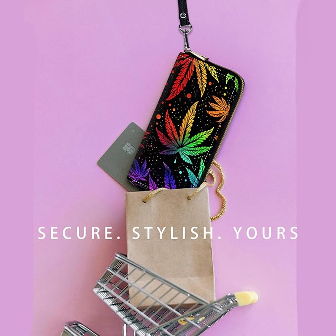 Zip Around Wallets for Women with Detachable Wrist Strap, Large Capacity RFID Blocking Leather Purse Organizer Card Holder Wristlet,Psychedelic Weed Leaf