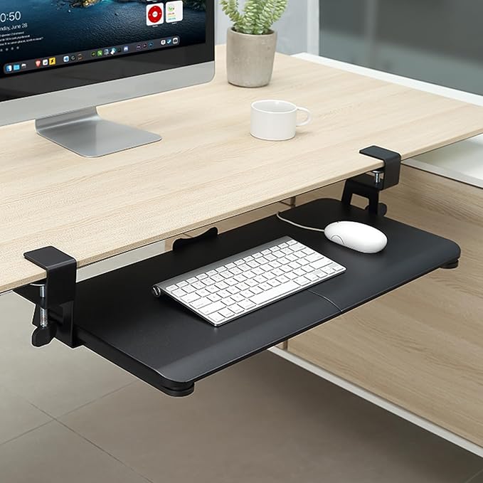 Keyboard Tray Under Desk, Slide Out Computer Keyboard & Mouse Tray with C Clamp-on Mount Easy to Install,30" W（Including Clamps） X 12" D Large Size,Black