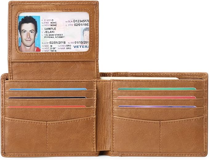 FALAN MULE Wallet for Men Genuine Leather RFID Blocking Bifold Wallet With 2 ID Windows (Khaki)