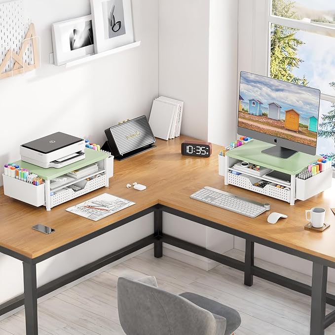 Wood Metal Monitor Stand Riser, Laptop Stand for Desk, Office Desk Organizer and Accessories, Computer Desktop Shelf with Drawer and Pen Holder, Printer Stand for Home, Office, Dorm (Green Wood)