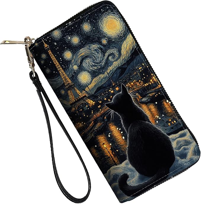 RFID Blocking Leather Wallet for Women – Large Capacity Zip Around Clutch with 8 Card Slots,20 Cash Pockets & Coin Zipper,Eiffel Tower with Cat Scene