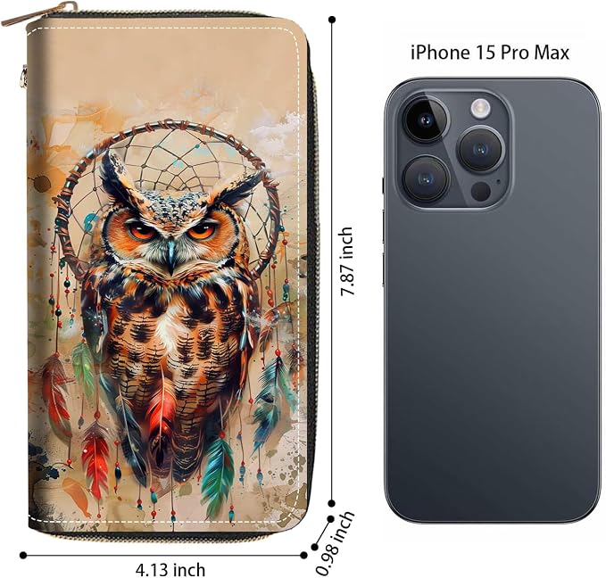 Women's Large Capacity Wallet PU Leather Zip Around Clutch Purse Multifunctional Wallet with Removable Wristlet Strap for Smart Phone/Coin/Card/Cash, Dream Catcher Owl