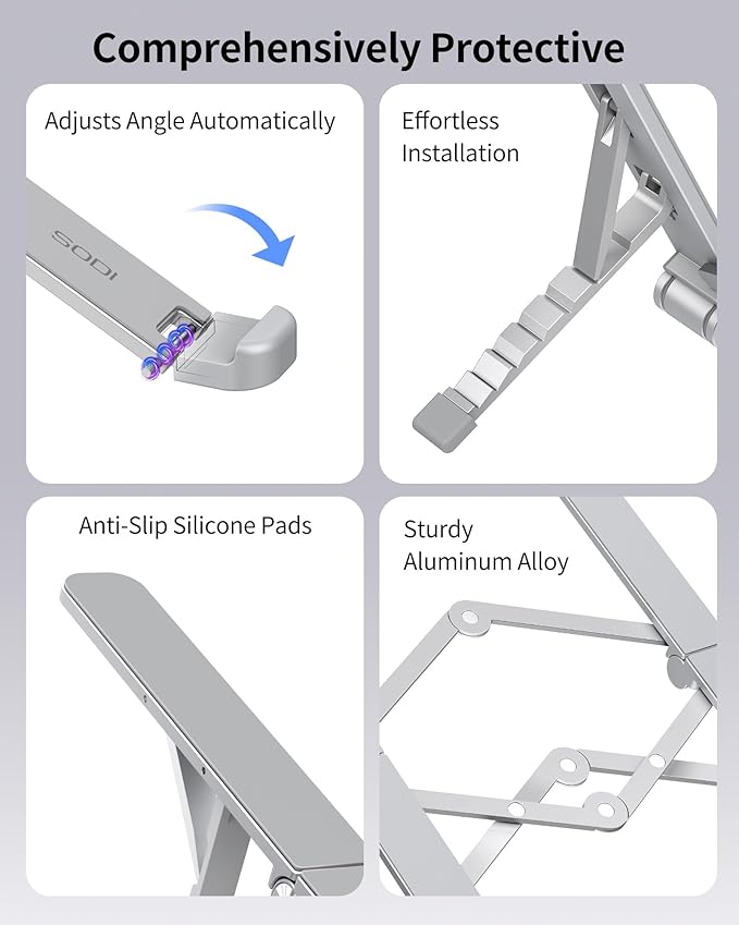 SODI Ultra Compact Foldable Laptop Stand - Portable Laptop Holder for Desk & Travel Use, Adjustable, Ergonomic Aluminum Computer Holder for MacBook, Tablet 10-16" (Light Gray, Bi-Fold-Horizontal)