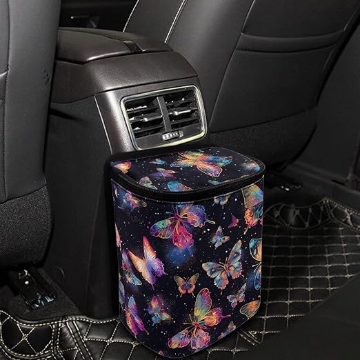 Biyejit Colorful Butterfly Car Trash Can Automotive Garbage Bag Trash Can with Lid Collapsible Reusable Waterproof Car Accessories Interior Cars Organizer