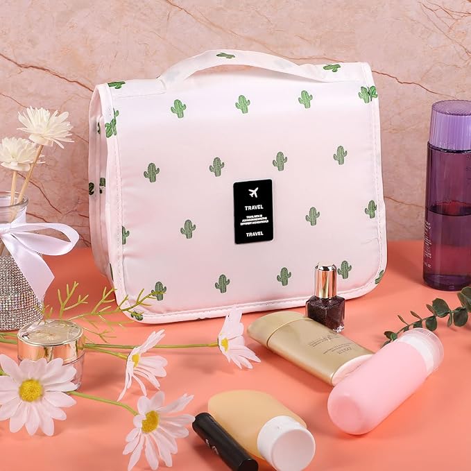 Pengxiaomei Hanging Toiletry Bag, Cactus White Waterproof Cosmetic Bag Portable Makeup Pouch Travel Wash Bag with Handle for Kids Teen Girls Tea Party Mothers Day Gifts