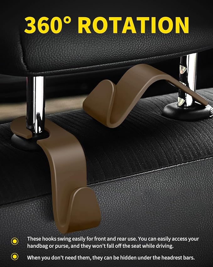 8 Pack Car Seat Headrest Hooks with 44 Pounds Load Capacity, Hangers Storage Organizer Universal Car Interior Accessories for Handbags Water Bottles Purse Coats Umbrellas, Khaki