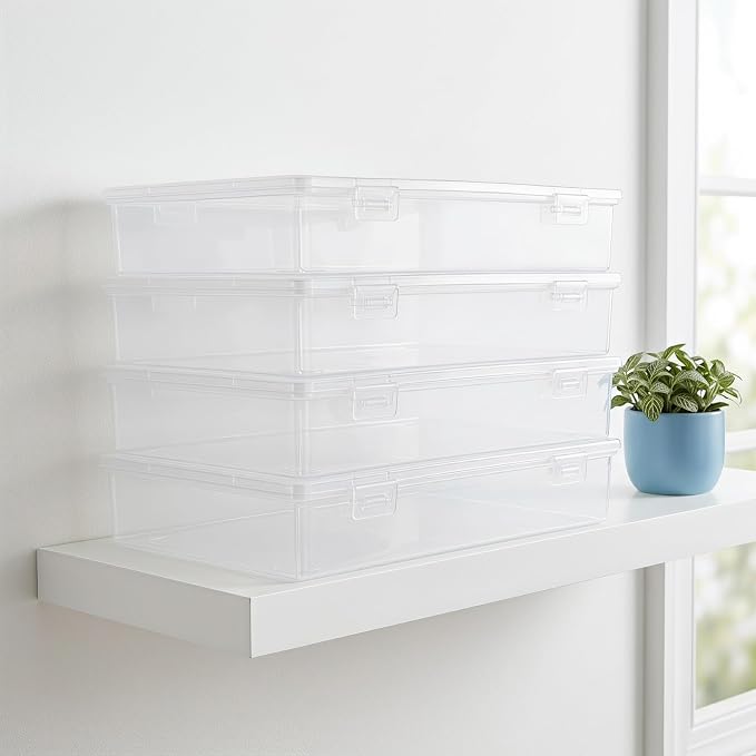OUNONA 4pcs Plastic Document Box: Clear File Case with Lid for Desktop Management, A4 Scrapbook Paper Storage Box with Snap for Office School Arts Craft
