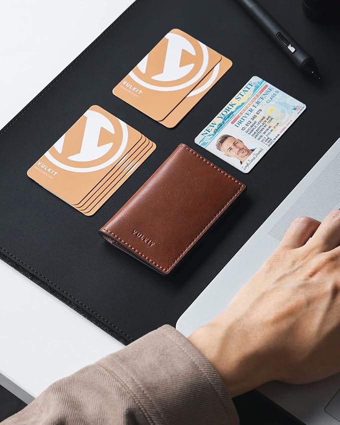VULKIT Leather Business Card Holder 2 Sided Slim Business Name Card Organizer for Men or Women, Up to hold 20 cards (Vintage Brown)