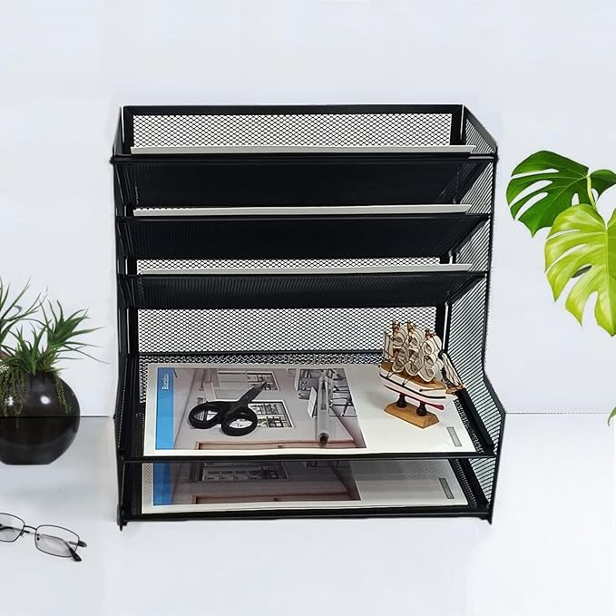 SETTFRFE Metal Desktop File Holder Organizer with 5 Tier Paper Tray, Office Supplies Desk Organizer, Black