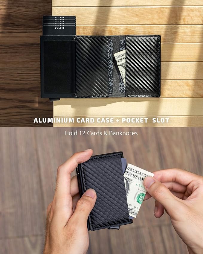 VULKIT Credit Card Holder RFID Blocking Leather Automatic Pop Up Wallet Aluminum Pocket Business Card Case