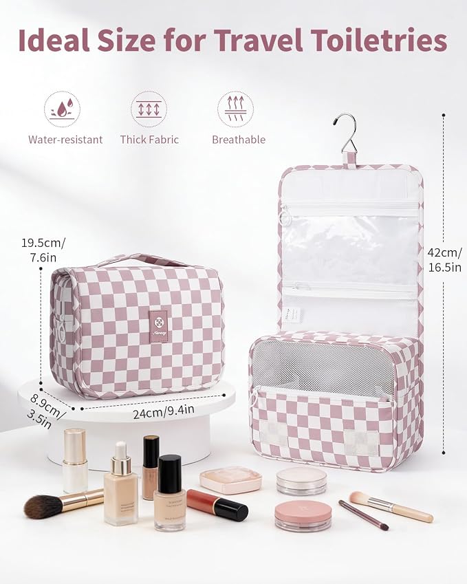 Narwey Small Hanging Travel Toiletry Bag for Traveling Women, Checkered Travel Bag for Toiletries, Makeup Bag Organizer Make Up Cosmetic Bags,Gifts for Kids Teen Girls (Dusty Pink Checkerboard)