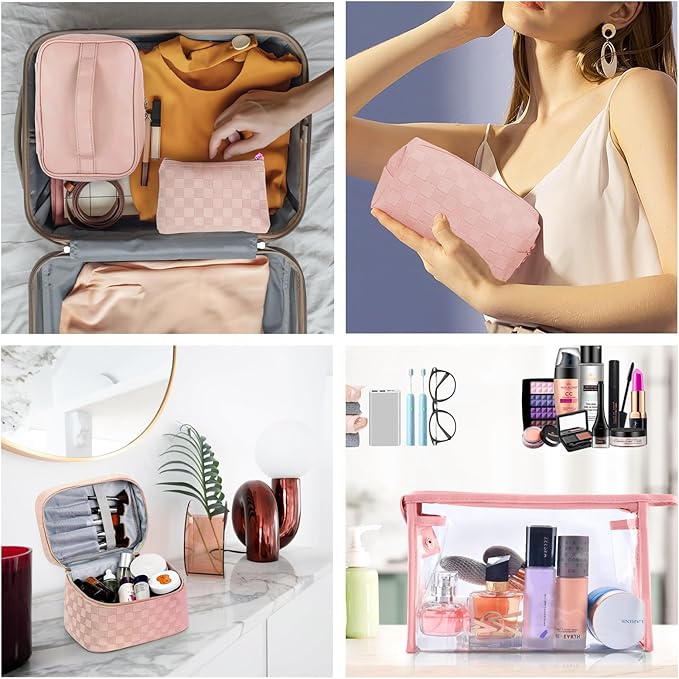 Checkered Makeup Bag 4 Pcs Waterproof Cosmetic Bag Set Portable Travel Cosmetic Bag Multifunction Organizer Storage Bag Toiletry Bag forWomen and Girls (PINK)