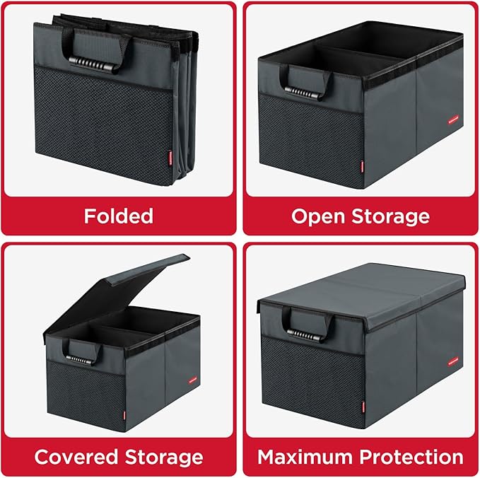 Rubbermaid Car Organizer, Collapsible Trunk Organizer, Multi-Compartment Car Storage Organization for Car Accessories, 2 Compartments With Cover, 21.65"*14.17"*12.2" - Gray