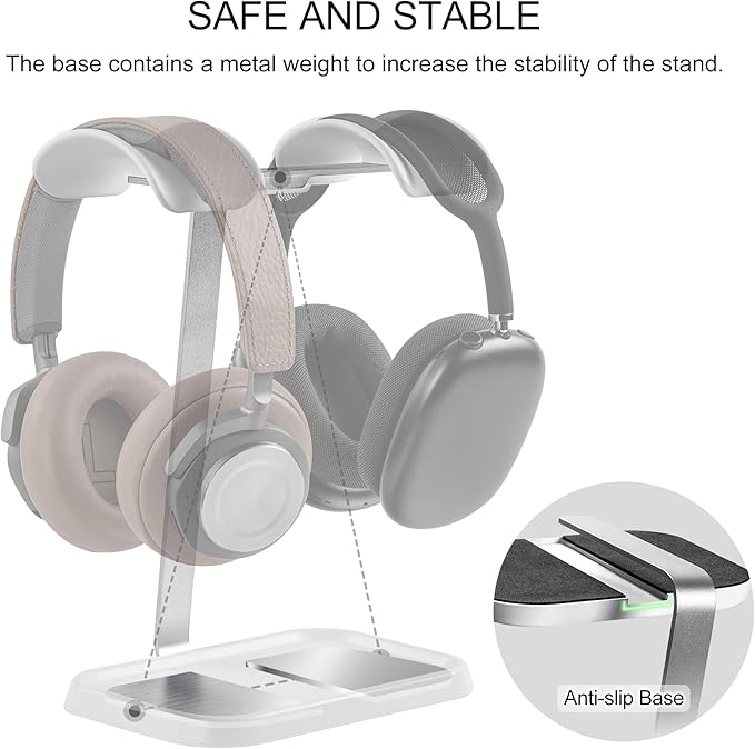 Dual Headphone Stand, Double Balanced Headset Stand with Storage Tray, Heavy Base Gaming Headset Holder for Desk (White)