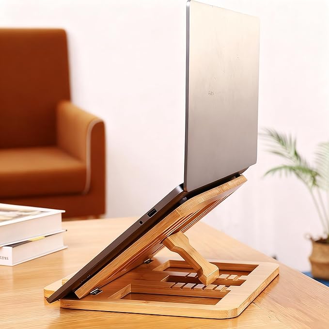 Bamboo Foldable Laptop Stand Holder, 6-Level Adjustable Ergonomic Notebook Riser with Heat Dissipation for 10-17 Inch Laptops, MacBook, Tablet