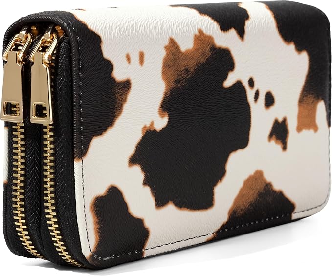 Cow Print Wallet for Women Western Highland Purse Cow Stuff Gifts Double Zipper Ladies Large Capacity Credit Card Holder (Brown Cow)