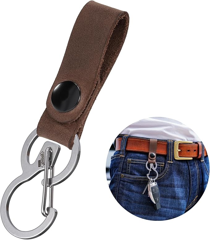 KeyUnity KS03 Leather Belt Keychain with 420 Stainless Steel Carabiner Clip - Multi-Use Key Holder for EDC Outdoor, Home & Travel