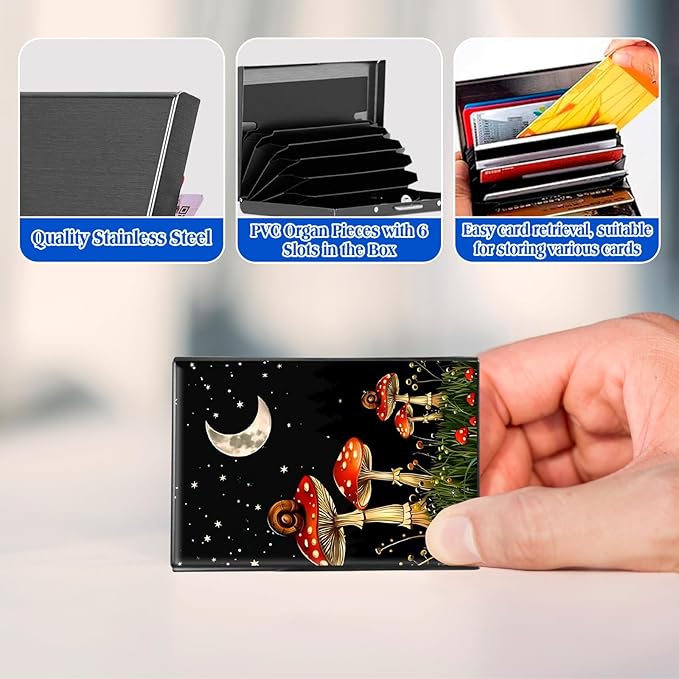 RFID Blocking Credit Card Holder - Slim Metal Wallet for Women & Men,Mushrooms Snails Design Stainless Steel Business Card Case,Compact Pocket Organizer for Travel & Daily Use