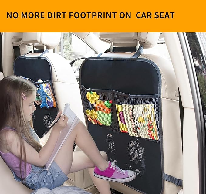 Car Seat Back Protector with Mesh Storage Pockets, Water-Resistant Kick Mat Seat Back Organizer for Kids, Easy Clean, Universal Fit for SUV/Truck, Set of 2, Black (With mesh *2)