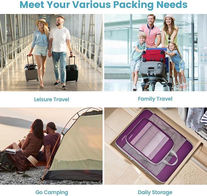 Cambond See Through Mesh Compression Packing Cubes - 5 Piece Expandable Space Saving Packing Cubes for Travel with Underwear Bag, Lightweight Luggage Packing Organizers for Suitcases, Purple