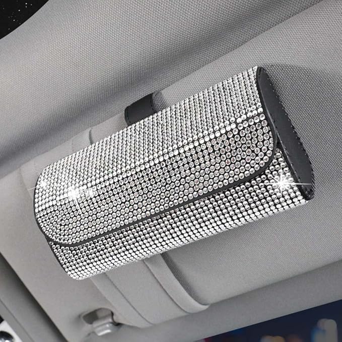 Riloer Glasses Holder for Car Sun Visor, Universal Full Rhinestone Sunglasses Clip Storage Case, Front Sun Visor Mount Organizer Case for Glassess, Bling White