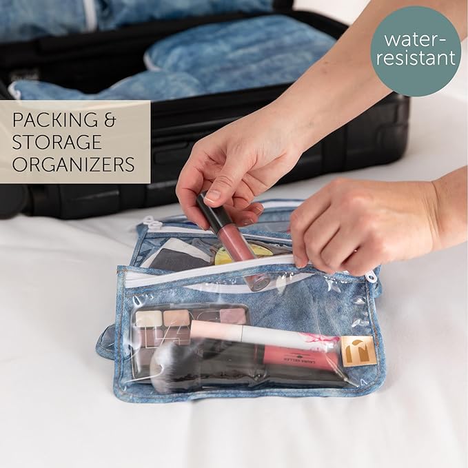 Bumkins Roamio Travel Bag, Toiletry, TSA Approved Pouch, Zip Quart Size Airline Compliant, Clear-Sided, Baby, Diaper Bag Organization, Makeup, Accessories, Carry On Packing, Set of 3 Sizes, Faux Denim
