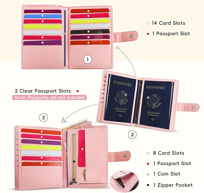 FuninCrea Passport Wallet with 22 Card Slots, Faux Leather Passport Holder for Travel Portable Travel Wallet for Women and Men (Pink)