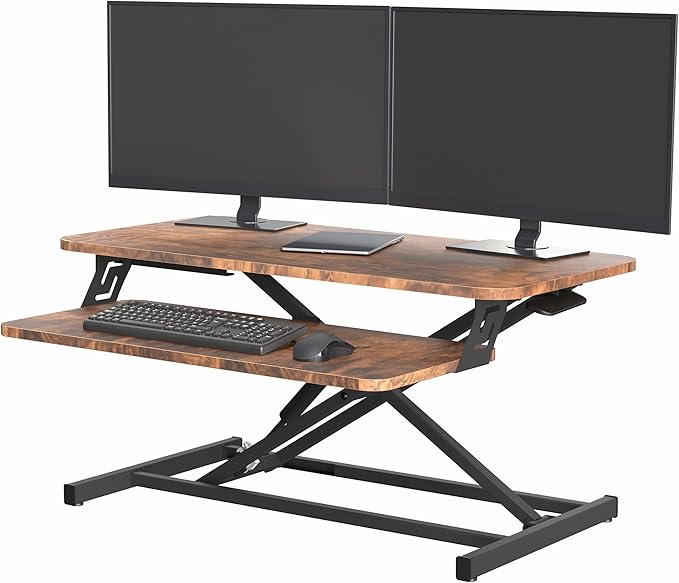 VIVO Height Adjustable 32 inch Stand Up Desk Converter, Quick Sit to Stand Tabletop Dual Monitor Riser Workstation, Rustic Vintage Brown Desktop, Black Frame, DESK-V000SN