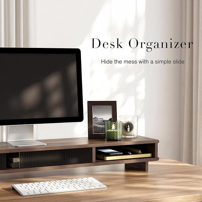 Dual Monitor Riser with Sliding Doors & Storage - 42.5" Extra Wide Dual Monitor Stand for Desk Organizer,Desk Shelf for Office & Gaming - Acrylic Wave Design,110 lbs Capacity,Walnut