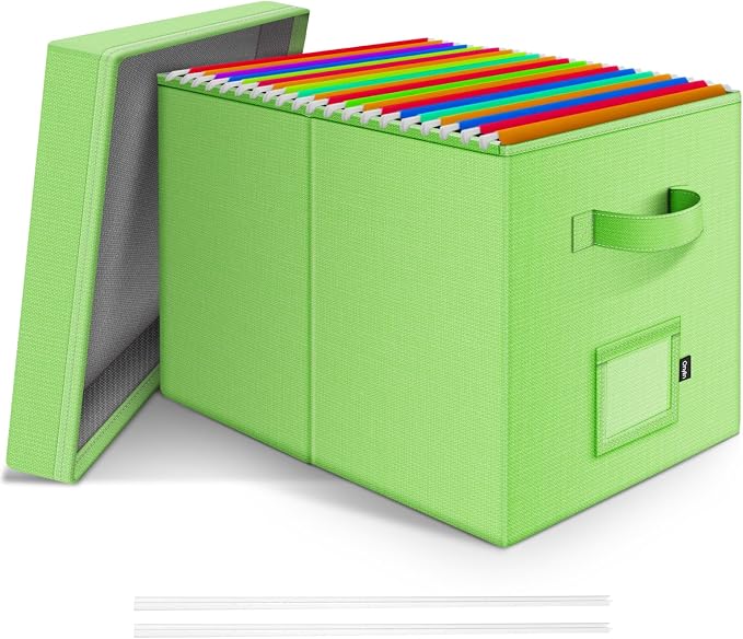 File Organizer Box with Lid, Linen Hanging File Storage Box with Handle, Collapsible Document Filling Box for Letter/Legal Folder, Portable File Box for Office/Decor/Home (1 Pack, Green)