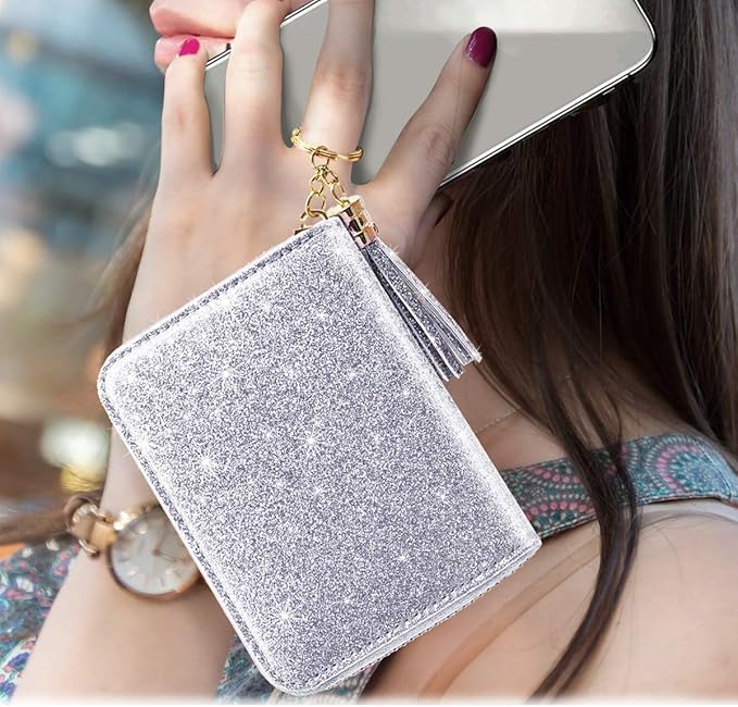 Coco Rossi Women's Small Credit Card Wallet RFID Glitter Cute Credit Card Holder Wallets for Women -Silver