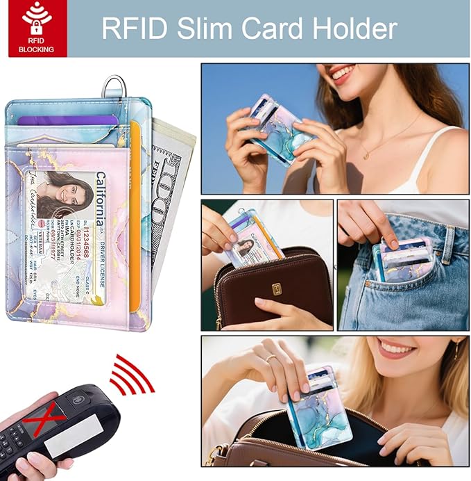 Coco Rossi Slim Front Pocket Wallet Minimalist RFID ID Card Holder Cute Small Wallets with Wrist Lanyards Key Chain Holder for Women, Gradient Marble