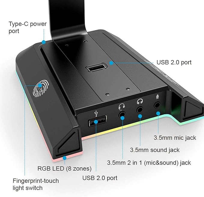 EKSA Headphone Stand, RGB Gaming Headset Stand for Desk with 7.1 Surround Sound, Headphone Holder with 3.5mm Aux and 2 USB Ports, Aluminum PC Gamer Headset Accessories for All Headphones Size