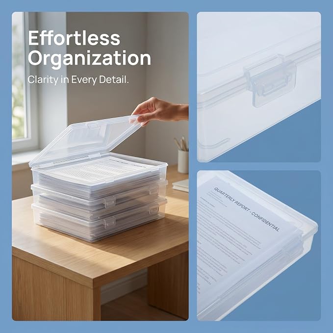 3pcs Plastic File Storage Boxes for A4 Paper, Document Organizer with Lid, Lightweight and Stackable Plastic Storage Cases for Office and Home Use