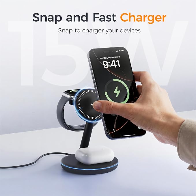 TESSAN 3 in 1 Charging Station Compatible with MagSafe, Magnetic Wireless Charger Stand for iPhone 17/16/15/14/13 Series, Charging Dock for Apple Watch & AirPods, Includes Cable and 20W Adapter