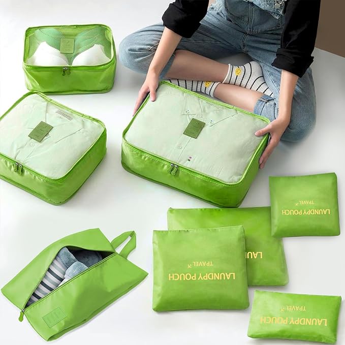 8 Set Packing Cubes for Travel Luggage Packing Bags Reusable Waterproof Suitcase Organizer Cubes Set with Shoe Bag and Toiletry Bag (Green)