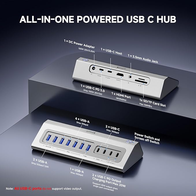 Giftos Powered USB Hub, 18 in 1 USB 3.2 Hub with 4K HDMI,PD 100W,45W Charge,10Gbps USB,SD/TF,Audio, 65W Adapter,3.3FT Cable,Aluminum,Smart Button, USB Hub for PC,Mac,Mac mini, iMac,iPhone 17/16,iPad