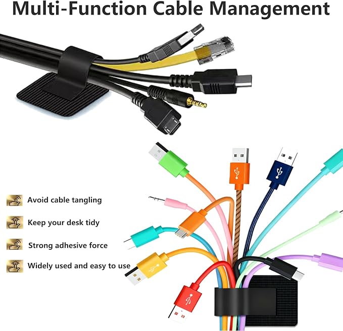 48Pcs Upgraded Under Desk Cable Management Ties - Self Adhesive Sticky Back Hook and Loop Straps, Cable Wire Organizers for Home Office