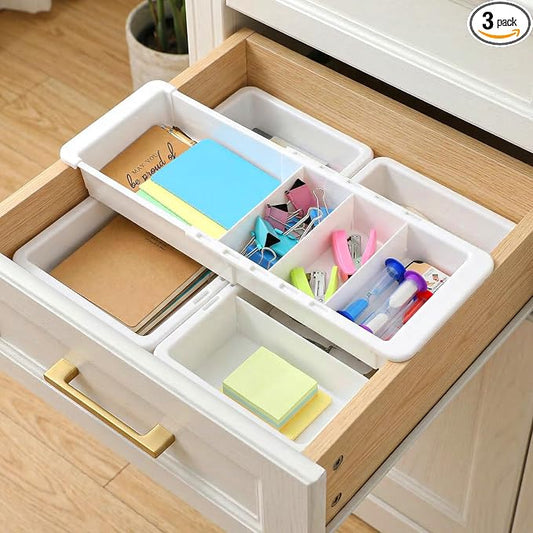 3 Pcs Expandable Drawer Organizer, Adjustable Drawer Organizer Trays Expandable Plastic Dividers Storage for Office Bathroom Bedroom Kitchen Desk (White)