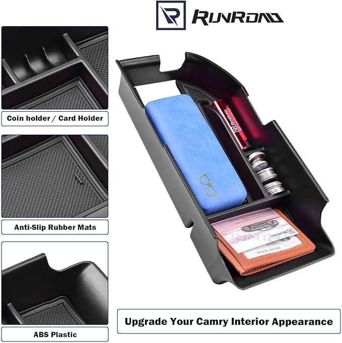 RUNROAD Center Console Organizer Compatible with Toyota Camry XLE XSE 2018-2024 and Camry LE SE 2020 2021 2022 2024 Accessories, Armrest Insert Tray Secondary Storage Box Fit 2 USB Ports, Black