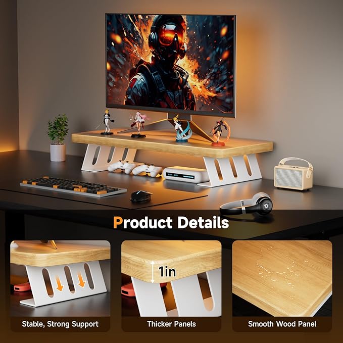 Monitor Stand - 24 Inch Wood Monitor Stand Riser, 220 Pounds Load Capacity Desk Monitor Riser for Laptop/PC/Printer, Desktop Stands Organizer for Home Office
