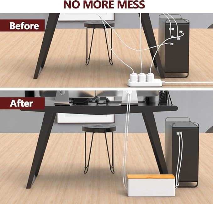 Cable Management Box,Wooden Style Large Cable Organizer Box for Office and Home,Cable Organizer Box with Proof Lock for Baby-Pets,Wood Lid（White,1 Pack
