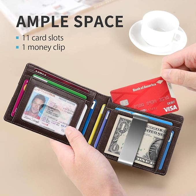RUNBOX Slim Money Clip Wallets for Men RFID Blocking 11 Card Holder Minimalist Small Leather Bifold Men's Front Pocket Wallet Gift Box