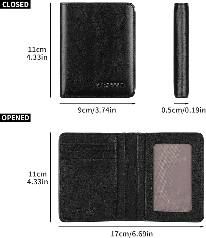 Bifold Slim Men Wallet Genuine Leather Thin, Small Vertical RFID Blocking Wallets for Men ，Compact & Stylish with Clear ID Windows (Black)